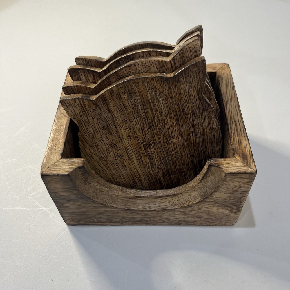 Vintage Owl Mid Century Modern Set Of 4 Hand Carved Wood Coasters Caddy India - Picture 4 of 6